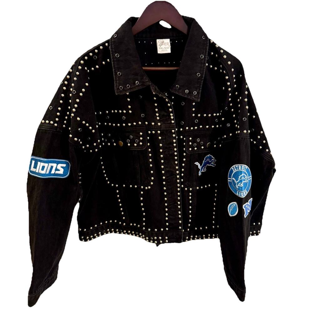 🦁Detroit Lions NFL Women's XXL Black Denim Jacket G-III 4Her Carl Banks NWOT🦁